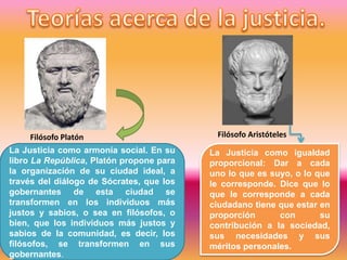 La Justicia como armonía social. En su
libro La República, Platón propone para
la organización de su ciudad ideal, a
través del diálogo de Sócrates, que los
gobernantes de esta ciudad se
transformen en los individuos más
justos y sabios, o sea en filósofos, o
bien, que los individuos más justos y
sabios de la comunidad, es decir, los
filósofos, se transformen en sus
gobernantes.
Filósofo Platón Filósofo Aristóteles
La Justicia como igualdad
proporcional: Dar a cada
uno lo que es suyo, o lo que
le corresponde. Dice que lo
que le corresponde a cada
ciudadano tiene que estar en
proporción con su
contribución a la sociedad,
sus necesidades y sus
méritos personales.
 