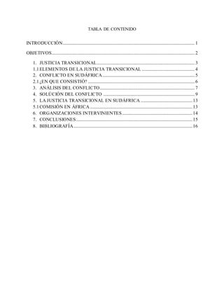 TABLA DE CONTENIDO
INTRODUCCIÓN........................................................................................................................ 1
OBJETIVOS.................................................................................................................................. 2
1. JUSTICIA TRANSICIONAL......................................................................................... 3
1.1ELEMENTOS DE LA JUSTICIA TRANSICIONAL ................................................ 4
2. CONFLICTO EN SUDÁFRICA.................................................................................... 5
2.1¿EN QUE CONSISTIÓ? ................................................................................................. 6
3. ANÁLISIS DEL CONFLICTO...................................................................................... 7
4. SOLÚCIÓN DEL CONFLICTO ................................................................................... 9
5. LA JUSTICIA TRANSICIONAL EN SUDÁFRICA ...............................................13
5.1COMISIÓN EN ÁFRICA .............................................................................................13
6. ORGANIZACIONES INTERVINIENTES................................................................14
7. CONCLUSIONES..........................................................................................................15
8. BIBLIOGRAFÍA............................................................................................................16
 