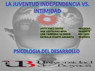 La juventud independencia vs. intimidad LETTY PAEZ CORTES                          66409047 ANA LIZETH DIAZ MESA                    66409072 LINA VANNESSA CALDERON             66410055  NATHALIE DUARTE ANGARITA        66409554 PSICOLOGIA DEL DESARROLLO 