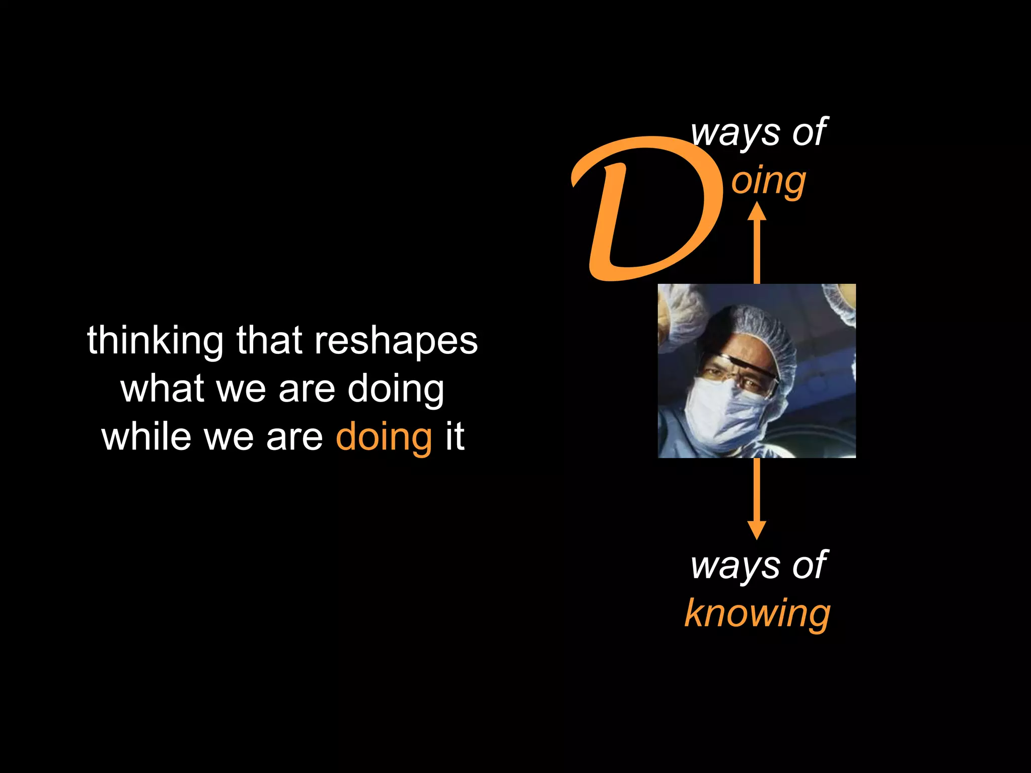 D
                         ways of
                          doing



thinking that reshapes
  what we are doing
 while we are doing it


                         ways of
                         knowing
 