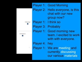Player 1: Good Morning
Player 2: Hello everyone, is this
          chat with our new
          group now?
Player 1: I think so
Player 3: Probably
Player 1: Good morning new
          team. I excited to work
          with with everyone.
Player 4: hey
Player 1: We are meeting and
          currently discussing
          our various materials.
 
