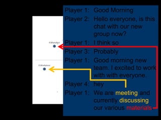 Player 1: Good Morning
Player 2: Hello everyone, is this
          chat with our new
          group now?
Player 1: I think so
Player 3: Probably
Player 1: Good morning new
          team. I excited to work
          with with everyone.
Player 4: hey
Player 1: We are meeting and
          currently discussing
          our various materials.
 
