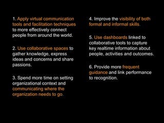 1. Apply virtual communication      4. Improve the visibility of both
tools and facilitation techniques   formal and informal skills.
to more effectively connect
people from around the world.       5. Use dashboards linked to
                                    collaborative tools to capture
2. Use collaborative spaces to      key realtime information about
gather knowledge, express           people, activities and outcomes.
ideas and concerns and share
passions.                           6. Provide more frequent
                                    guidance and link performance
3. Spend more time on setting       to recognition.
organizational context and
communicating where the
organization needs to go.
 