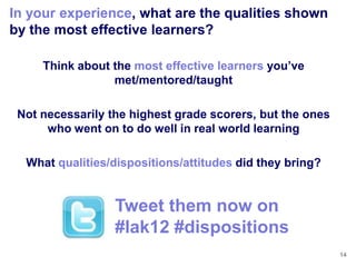 In your experience, what are the qualities shown
by the most effective learners?

     Think about the most effective learners you‘ve
                 met/mentored/taught

 Not necessarily the highest grade scorers, but the ones
      who went on to do well in real world learning

  What qualities/dispositions/attitudes did they bring?


                  Tweet them now on
                  #lak12 #dispositions
                                                           14
 
