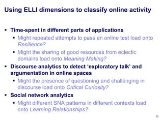 Using ELLI dimensions to classify online activity


 Time-spent in different parts of applications
    Might repeated attempts to pass an online test load onto
     Resilience?
    Might the sharing of good resources from eclectic
     domains load onto Meaning Making?
 Discourse analytics to detect ‗exploratory talk‘ and
  argumentation in online spaces
    Might the presence of questioning and challenging in
     discourse load onto Critical Curiosity?
 Social network analytics
    Might different SNA patterns in different contexts load
     onto Learning Relationships?
                                                                35
 