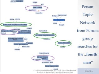 18
Person-­‐‑
Topic-­‐‑
Network  
from  Forum:  
group  
searches  for  
the  „fourth  
man“	
9/04/13
Computational Methods and Tools for Social Network
Analysis of Networked Learning Communities
 