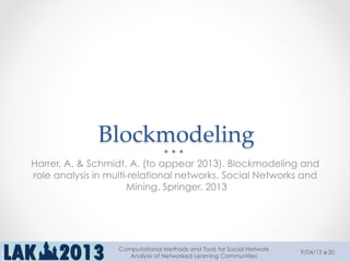 Blockmodeling	
Harrer, A. & Schmidt, A. (to appear 2013). Blockmodeling and
role analysis in multi-relational networks. Social Networks and
Mining. Springer. 2013
9/04/13
Computational Methods and Tools for Social Network
Analysis of Networked Learning Communities
20
 