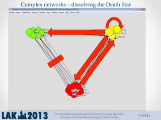 23
Complex  networks  –  dissolving  the  Death  Star	
9/04/13
Computational Methods and Tools for Social Network
Analysis of Networked Learning Communities
 