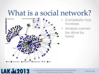 What  is  a  social  network?	
•  Complexity may
increase.
•  Analysis cannot
be done by
hand
9/04/13
Computational Methods and Tools for Social Network
Analysis of Networked Learning Communities
28
 