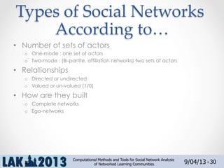 Types  of  Social  Networks  
According  to…	
•  Number of sets of actors
o  One-mode : one set of actors
o  Two-mode : (Bi-partite, affiliation networks) two sets of actors
•  Relationships
o  Directed or undirected
o  Valued or un-valued (1/0)
•  How are they built
o  Complete networks
o  Ego-networks
9/04/13Computational Methods and Tools for Social Network Analysis
of Networked Learning Communities 3030
 