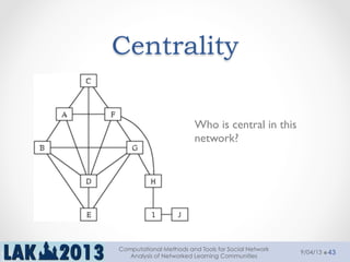 Centrality
•  Who is central in this
network?
439/04/13
Computational Methods and Tools for Social Network
Analysis of Networked Learning Communities
 