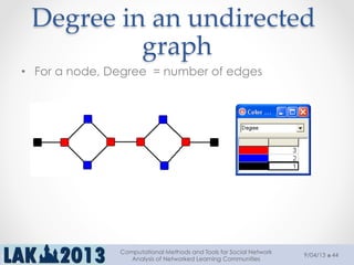 Degree  in  an  undirected  
graph	
•  For a node, Degree = number of edges
9/04/13
Computational Methods and Tools for Social Network
Analysis of Networked Learning Communities
44
 