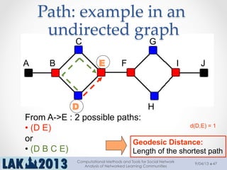 Path:  example  in  an  
undirected  graph	
A
H
B
C G
D
E F I J
From A->E : 2 possible paths:
• (D E)
or
• (D B C E)
Geodesic Distance:
Length of the shortest path
d(D,E) = 1
9/04/13
Computational Methods and Tools for Social Network
Analysis of Networked Learning Communities
47
 