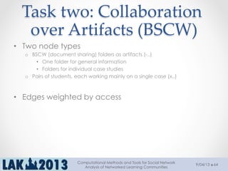 Task  two:  Collaboration  
over  Artifacts  (BSCW)	
9/04/13
Computational Methods and Tools for Social Network
Analysis of Networked Learning Communities
64
•  Two node types
o  BSCW (document sharing) folders as artifacts (-..)
•  One folder for general information
•  Folders for individual case studies
o  Pairs of students, each working mainly on a single case (x..)
•  Edges weighted by access
 