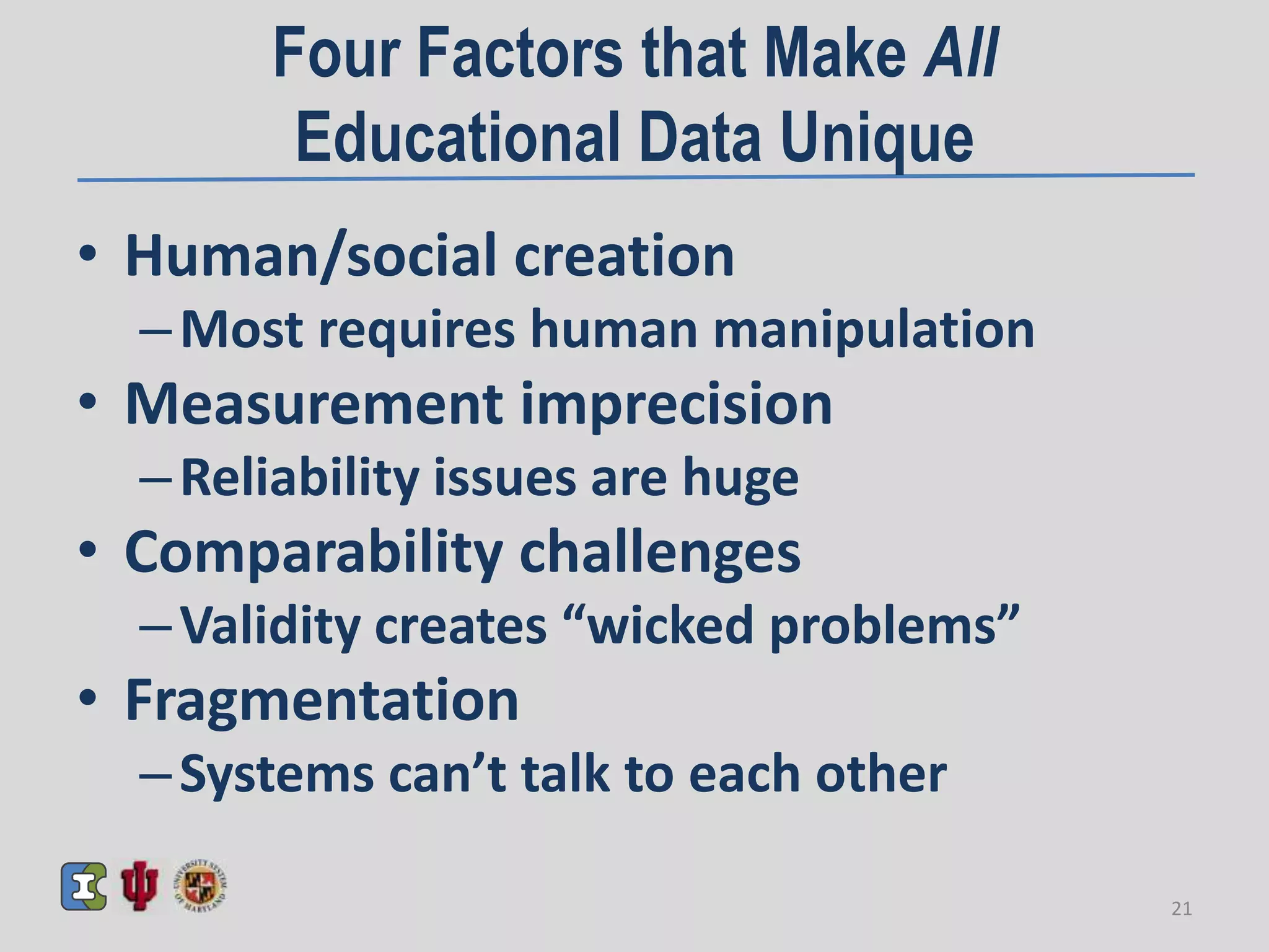 Four Factors that Make All
Educational Data Unique
• Human/social creation
–Most requires human manipulation
• Measurement imprecision
–Reliability issues are huge
• Comparability challenges
–Validity creates “wicked problems”
• Fragmentation
–Systems can’t talk to each other
21
 