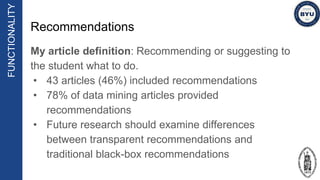 Recommendations
My article definition: Recommending or suggesting to
the student what to do.
• 43 articles (46%) included ...