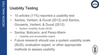 Usability Testing
• 10 articles (11%) reported a usability test
• Santos, Verbert, & Duval (2012) and Santos,
Govaerts, Ve...