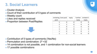 3. Social Learners
● Cluster Analysis
● Count of their contribution of 5 types of comments
● Weekly count
● Likes and replies received
● Proportion between Post/Replies
● Contribution of 5 types of comments (Yes/No)
● Permutation and combination: 25 =32
● 14 combination is not possible, and 1 combination for non-social learners
● 17 possible combinations
 