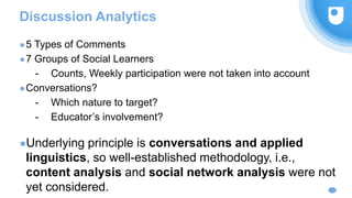 Discussion Analytics
●5 Types of Comments
●7 Groups of Social Learners
- Counts, Weekly participation were not taken into account
●Conversations?
- Which nature to target?
- Educator’s involvement?
●Underlying principle is conversations and applied
linguistics, so well-established methodology, i.e.,
content analysis and social network analysis were not
yet considered.
 