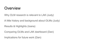 Overview
Why OLM research is relevant to LAK (Judy)
A little history and background about OLMs (Judy)
Results & Highlights (Ioana)
Comparing OLMs and LAK dashboard (Dan)
Implications for future work (Dan)
 