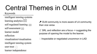 OLM community is more aware of LA community
than vice versa
SRL and reflection are a focus -> suggesting the
purpose of opening the model to the learner.
Inspectable or negotiated uncommon in LAD
Central Themes in OLM
 