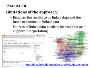 Discussion
Limitations of the approach:
  – Requires the results to be linked data and the
    items to connect to linked data
  – Sources of linked data needs to be available to
    support interpretation)




           http://data.linkededucation.org/linkedup/catalog
 