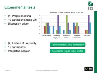 Experimental tests

 (1) Project meeting
 10 participants used LIM
 Discussion driven




 (2) Lecture at university
                                                  Technical results very satisfactory
 15 participants
 Interactive session                              Acceptance results rather limited




12.04.2013                © FZI Forschungszentrum Informatik                      12
 