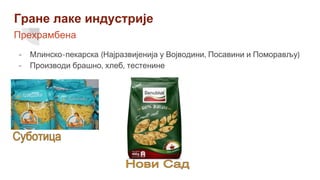 Гране лаке индустрије
Прехрамбена
- Млинско-пекарска (Најразвијенија у Војводини, Посавини и Поморављу)
- Производи брашно, хлеб, тестенине
 