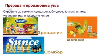 Прерада и производња уља
Сировине од семенки сунцокрета, бундеве, затим маслине,
уљана репица и кукурузне клице
 