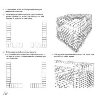 3. La traba en los muros se consigue intercalando la
posición de los adobes:
a) En las esquinas de la construcción se colocan dos
adobes cortados a ¾ es decir de 30×20×10 cm, y se
intercala su posición en cada hilada.
b) En las esquinas de la ventana y la puerta:
• En una hilada se colocan dos adobes recortados a ¾
es decir de 30×20×10 cm en el sentido opuesto al que
van los adobes.
• En la siguiente se mantiene la posición y el tamaño de
40×20×10 cm de los adobes.
42
 