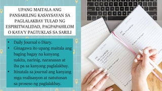 UPANG MAITALA ANG
PANSARILING KASAYSAYAN SA
PAGLALAKBAY TULAD NG
ESPIRITWALIDAD, PAGPAPAHILOM
O KAYA'Y PAGTUKLAS SA SARILI
• Daily Journal o Diary.
• Ginagawa ito upang maitala ang
baging bagay na kanyang
nakita, narinig, naranasan at
iba pa sa kanyang paglalakbay.
• Itinatala sa journal ang kanyang
mga realisasyon at natutunan
sa proseso ng paglalakbay.
 