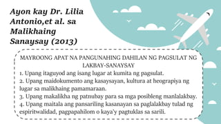 MAYROONG APAT NA PANGUNAHING DAHILAN NG PAGSULAT NG
LAKBAY-SANAYSAY
1. Upang itaguyod ang isang lugar at kumita ng pagsulat.
2. Upang maidokumento ang kasaysayan, kultura at heograpiya ng
lugar sa malikhaing pamamaraan.
3. Upang makalikha ng patnubay para sa mga posibleng manlalakbay.
4. Upang maitala ang pansariling kasanayan sa paglalakbay tulad ng
espiritwalidad, pagpapahilom o kaya'y pagtuklas sa sarili.
Ayon kay Dr. Lilia
Antonio,et al. sa
Malikhaing
Sanaysay (2013)
 