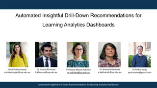 Automated	Insightful	Drill-Down	Recommendations	for	Learning	Analytics	Dashboards
Automated Insightful Drill-Down Recommendations for
Learning Analytics Dashboards
Dr Hassan	Khosravi
h.khosravi@uq.edu.au
Professor	Marta	Indulska
m.indulska@uq.edu.au
Shiva	Shabaninejad
s.shabaninejad@uq.edu.au
Dr Aneesha Bakharia
a.bakharia1@uq.edu.au
Dr Pedro	Isaias
pedroisaias@gmail.com	
 