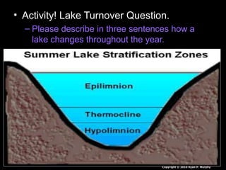 • Activity! Lake Turnover Question.
– Please describe in three sentences how a
lake changes throughout the year.
Copyright © 2010 Ryan P. Murphy
 