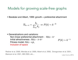 Lake Como 2016
Models for growing scale-free graphs
§ Barabási and Albert, 1999: growth + preferential attachment
§ Gene...