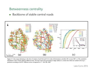 Lake Como 2016
Betweenness centrality
n  Backbone of stable central roads
 