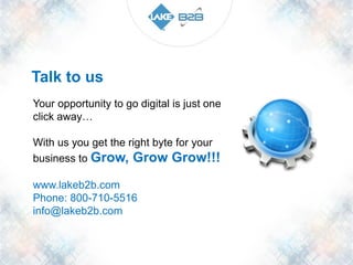 Talk to us
Your opportunity to go digital is just one
click away…
With us you get the right byte for your
business to Grow, Grow Grow!!!
www.lakeb2b.com
Phone: 800-710-5516
info@lakeb2b.com

 