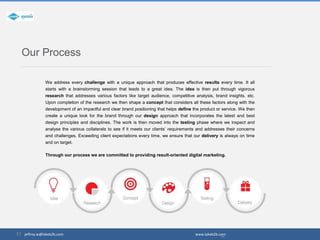 Our Process
We address every challenge with a unique approach that produces effective results every time. It all
starts with a brainstorming session that leads to a great idea. The idea is then put through vigorous
research that addresses various factors like target audience, competitive analysis, brand insights, etc.
Upon completion of the research we then shape a concept that considers all these factors along with the
development of an impactful and clear brand positioning that helps define the product or service. We then
create a unique look for the brand through our design approach that incorporates the latest and best
design principles and disciplines. The work is then moved into the testing phase where we inspect and
analyse the various collaterals to see if it meets our clients’ requirements and addresses their concerns
and challenges. Exceeding client expectations every time, we ensure that our delivery is always on time
and on target.
Through our process we are committed to providing result-oriented digital marketing.
4jeffrey.w@lakeb2b.com www.lakeb2b.com
 