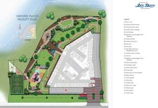 GROUND FLOOR
FACILITY PLAN Legend
01) Entry / Exit
02) Entrance Special Paving
03) Floating security cabin
04) Feature wall w/ signage
05) Fire driveway
06) Pedestrian ramp/Jogging track
/ Walkway
07) Garden pavilion
08) Children’s play area
09) Play lawn
10) Sand play
11) Mini Basket ball court
/Multipurpose court
12) Outdoor exercise station
13) Services
14) Pedestrian ramp/Jogging track
/ Walkway
15) Multi-purpose lawn
16) Therapeutic walk
17) Raised Timber deck
18) Promenade
19) Palm plaza w/ Aroma garden
20) Water feature
21) Theme garden
22) Grand lawn
23) Amphitheater
24) Yoga deck / stage
25) Planting area
26) Spice garden
27) Youth corner
BLOCK : C
BLOCK : B
BLOCK : A
KEY PLAN
 