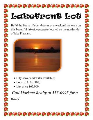 Lakefront Lot<br />Build the house of your dreams or a weekend getaway on this beautiful lakeside property located on the north side of lake Pleasant.<br />      <br />,[object Object]