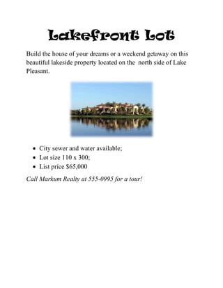 Lakefront Lot<br />Build the house of your dreams or a weekend getaway on this beautiful lakeside property located on the  north side of Lake Pleasant.<br />,[object Object]