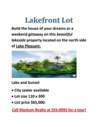 Lakefront Lot<br />Build the house of your dreams or a weekend getaway on this beautiful lakeside property located on the north side of Lake Pleasant.<br />Lake and Sunset<br />,[object Object]