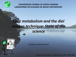 Lake metabolism and the diel oxygen technique: State of the science 
Limnol. Oceanogr.: Methods 8, 2010, 628–644 
Acadêmico: Rafael Schmitt 
UNIVERSIDADE FEDERAL DE SANTA CATARINA 
LABORATÓRIO DE ECOLOGIA DE ÁGUAS CONTINENTAIS  