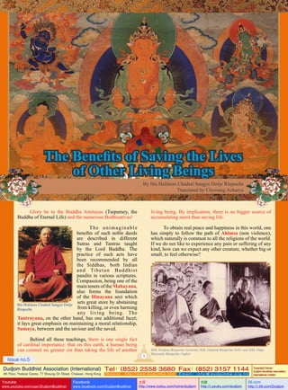 The Benefits of Saving the Lives
of Other Living Beings
By His Holiness Chadral Sangye Dorje Rinpoche
Translated by Chowang Acharya

Glory be to the Buddha Amitayus (Tsepamey, the
Buddha of Eternal Life) and the numerous Bodhisattvas!

living being. By implication, there is no bigger source of
accumulating merit than saving life.

T h e     u n i m a g i n a b l e
benefits of such noble deeds
are described in different
Sutras and Tantras taught
by the Lord Buddha. The
practice of such acts have
been recommended by all
the    Siddhas,     both    Indian
a n d     Ti b e t a n      B u d d h i s t
pandits in various scriptures.
Compassion, being one of the
main tenets of the Mahayana,
also forms the foundation
of the Hinayana sect which
sets great store by abstaining
His Holiness Chadral Sangye Dorje
from killing, or even harming
Rinpoche
any    living    being.    The
Tantrayana, on the other hand, has one additional facet;
it lays great emphasis on maintaining a moral relationship,
Samaya, between and the saviour and the saved.

To obtain real peace and happiness in this world, one
has simply to follow the path of Ahimsa (non violence),
which naturally is common to all the religions of the world.
If we do not like to experience any pain or suffering of any
kind, how can we expect any other creature, whether big or
small, to feel otherwise?

Behind all these teachings, there is one single fact
of cardinal importance: that on this earth, a human being
can commit no greater sin than taking the life of another
1

Issue no.5

H.H. Dudjom Rinpoche (central), H.H. Chadral Rinpoche (left) and H.H. Dilgo
Khyentse Rinpoche (right)

Dudjom Buddhist Association (International) Tel (852) 2558 3680 Fax (852) 3157 1144
：
：
4th Floor, Federal Centre, 77 Sheung On Street, Chaiwan, Hong Kong

Youtube

www.youtube.com/user/DudjomBuddhist

Facebook

Website：http://www.dudjomba.com

www.facebook.com/DudjomBuddhist

Email： info@dudjomba.org.hk

土豆
http://www.tudou.com/home/dudjom

优酷
http://i.youku.com/dudjom

Copyright Owner:
Dudjom Buddhist Association
International Limited

56.com

http://i.56.com/Dudjom

 