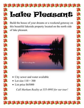 Lake Pleasant<br />Build the house of your dreams or a weekend getaway on this beautiful lakeside property located on the north side of lake pleasant.<br />,[object Object]