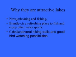 Why they are attractive lakes Navajo:boating and fishing,  Brantley:is a refreshing place to fish and enjoy other water sports. Caballo: several hiking trails and good bird watching possibilities   