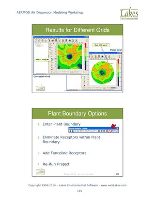 AERMOD Air Dispersion Modeling Workshop
Copyright 1996-2014 – Lakes Environmental Software - www.webLakes.com
115
© Copyright 1996-2014 – Lakes Environmental Software 271
Results for Different Grids
Max: 1.70 ug/m3
Max: 1.71 ug/m3
Cartesian Grid
Polar Grid
© Copyright 1996-2014 – Lakes Environmental Software 272
Plant Boundary Options
1. Enter Plant Boundary
2. Eliminate Receptors within Plant
Boundary
3. Add Fenceline Receptors
4. Re-Run Project
 