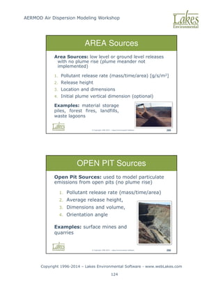 AERMOD Air Dispersion Modeling Workshop
Copyright 1996-2014 – Lakes Environmental Software - www.webLakes.com
124
© Copyright 1996-2014 – Lakes Environmental Software 289
AREA Sources
Area Sources: low level or ground level releases
with no plume rise (plume meander not
implemented)
1. Pollutant release rate (mass/time/area) [g/s/m2]
2. Release height
3. Location and dimensions
4. Initial plume vertical dimension (optional)
Examples: material storage
piles, forest fires, landfills,
waste lagoons
© Copyright 1996-2014 – Lakes Environmental Software 290
OPEN PIT Sources
Open Pit Sources: used to model particulate
emissions from open pits (no plume rise)
1. Pollutant release rate (mass/time/area)
2. Average release height,
3. Dimensions and volume,
4. Orientation angle
Examples: surface mines and
quarries
 