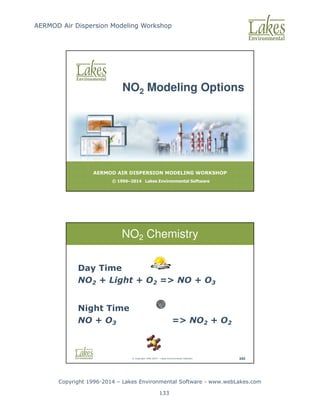 AERMOD Air Dispersion Modeling Workshop
Copyright 1996-2014 – Lakes Environmental Software - www.webLakes.com
133
AERMOD AIR DISPERSION MODELING WORKSHOP
© 1996–2014 Lakes Environmental Software
NO2 Modeling Options
© Copyright 1996-2014 – Lakes Environmental Software 345
NO2 Chemistry
Day Time
NO2 + Light + O2 = NO + O3
Night Time
NO + O3 = NO2 + O2
 