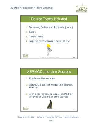 AERMOD Air Dispersion Modeling Workshop
Copyright 1996-2014 – Lakes Environmental Software - www.webLakes.com
138
© Copyright 1996-2014 – Lakes Environmental Software 370
Source Types Included
1. Furnaces, Boilers and Exhausts (point)
2. Tanks
3. Roads (line)
4. Fugitive release from pipes (volume)
© Copyright 1996-2014 – Lakes Environmental Software 371
AERMOD and Line Sources
1. Roads are line sources.
2. AERMOD does not model line sources
directly.
3. A line source can be approximated by
a series of volume or area sources.
 